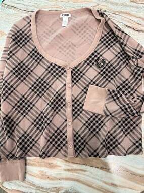 Victoria's Secret PINK Plaid Waffle Knit Button-Up Cardigan
